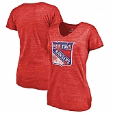 Women's New York Rangers Distressed Team Primary Logo V Neck Tri Blend T-Shirt Red FengYun